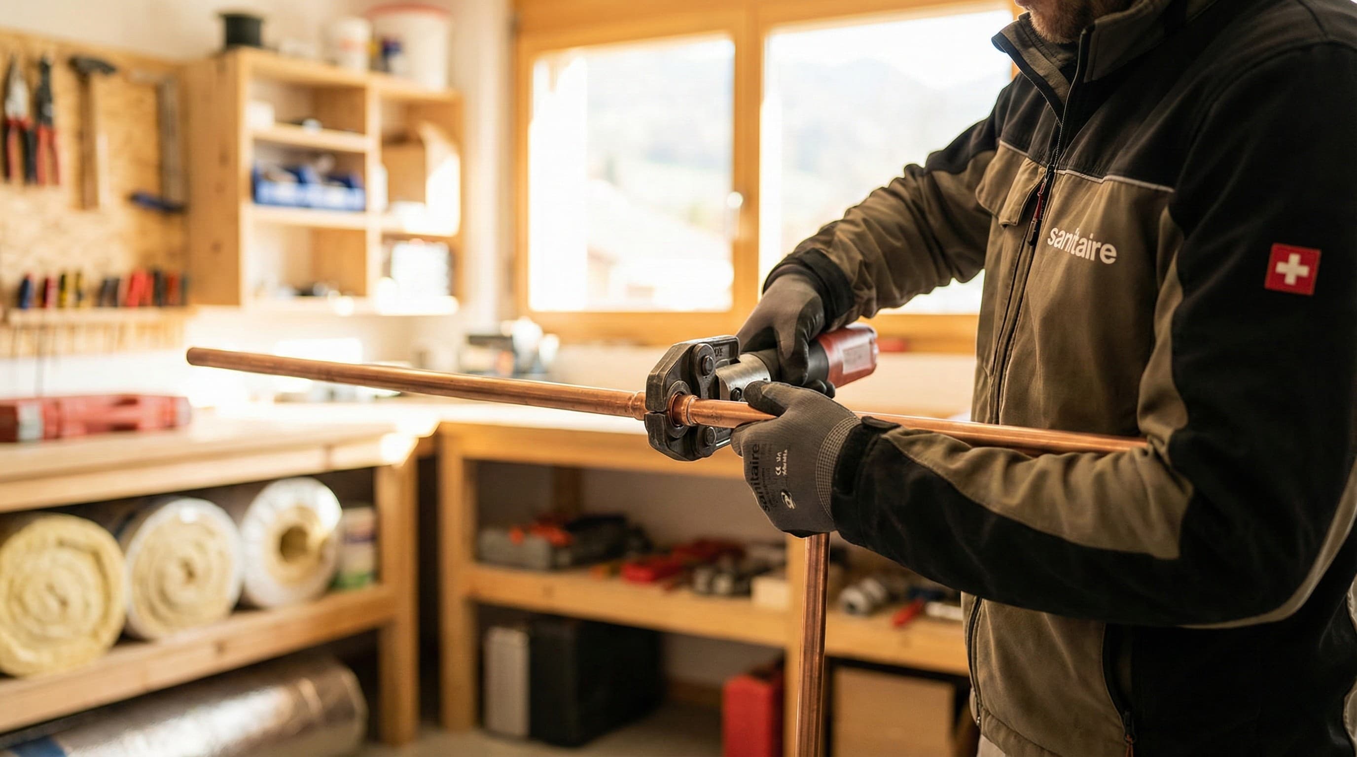 Sanitaire en train de travailler sur l'installation de chauffage à Neuchâtel