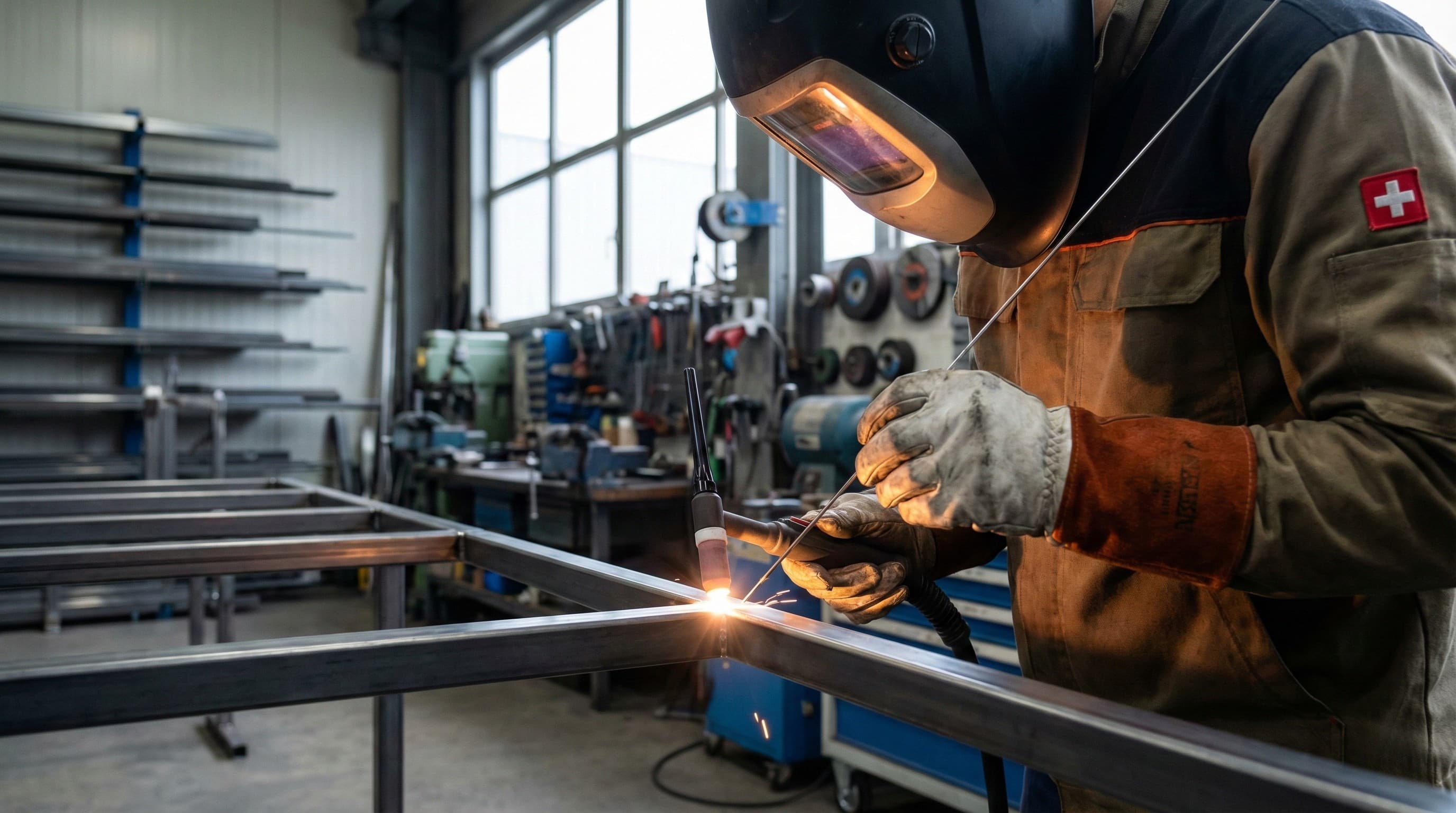 Constructeur métallique qualifié à Neuchâtel travaillant sur une pièce d'acier dans un atelier professionnel.
