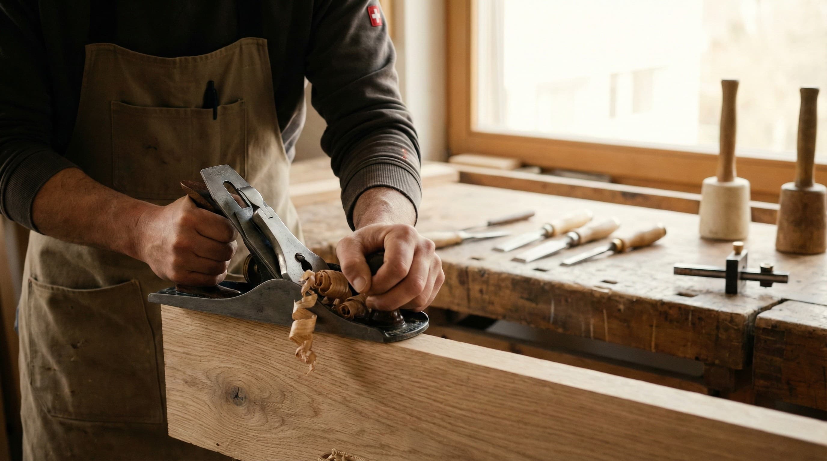 Artisan menuisier à Neuchâtel travaillant le bois au ciseau pour une création sur mesure dans son atelier.