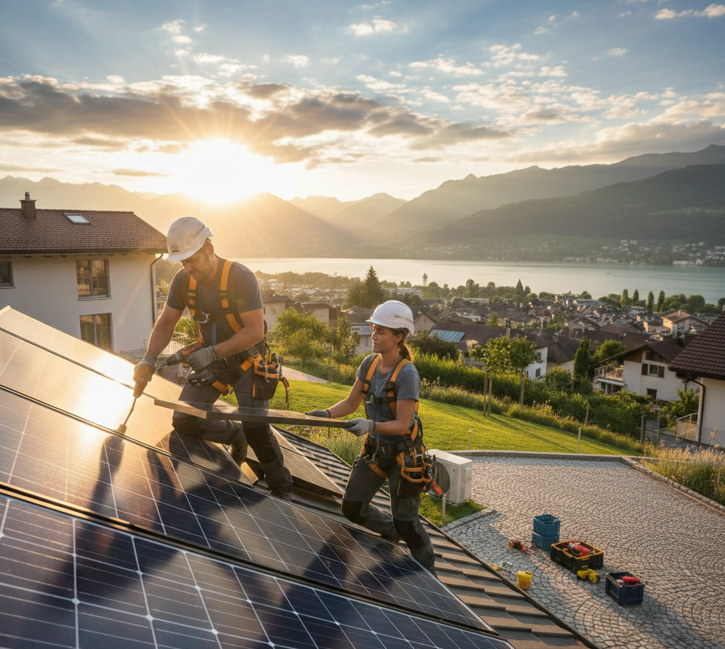 Installation de panneaux solaires photovoltaïques par des professionnels sur un toit à Neuchâtel avec vue sur le lac.