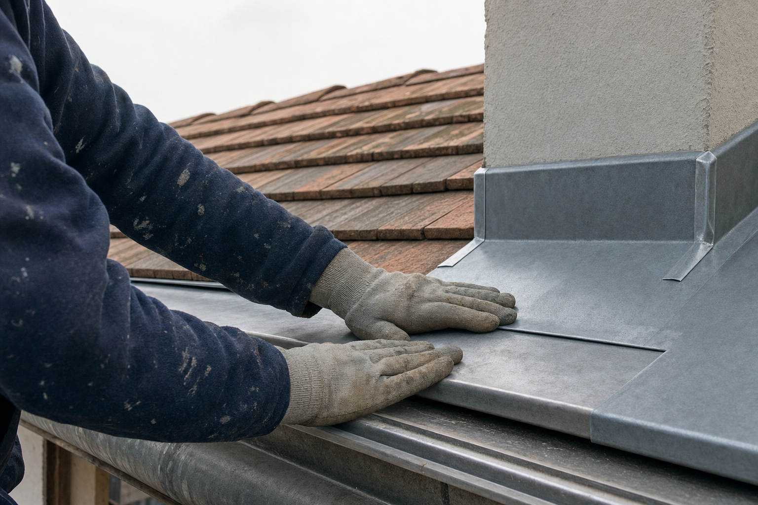 Pose d'un solin en zinc contre une souche de cheminée sur une toiture neuchâteloise.