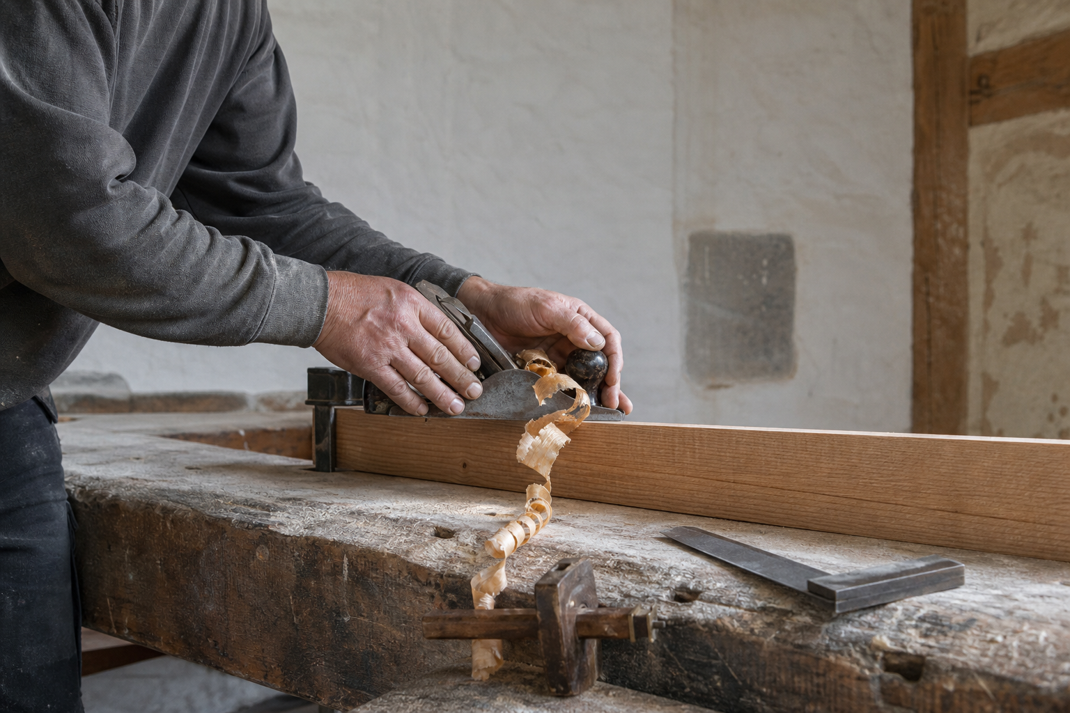Menuisier passant le rabot sur un chant de chêne à l'établi, en atelier neuchâtelois.