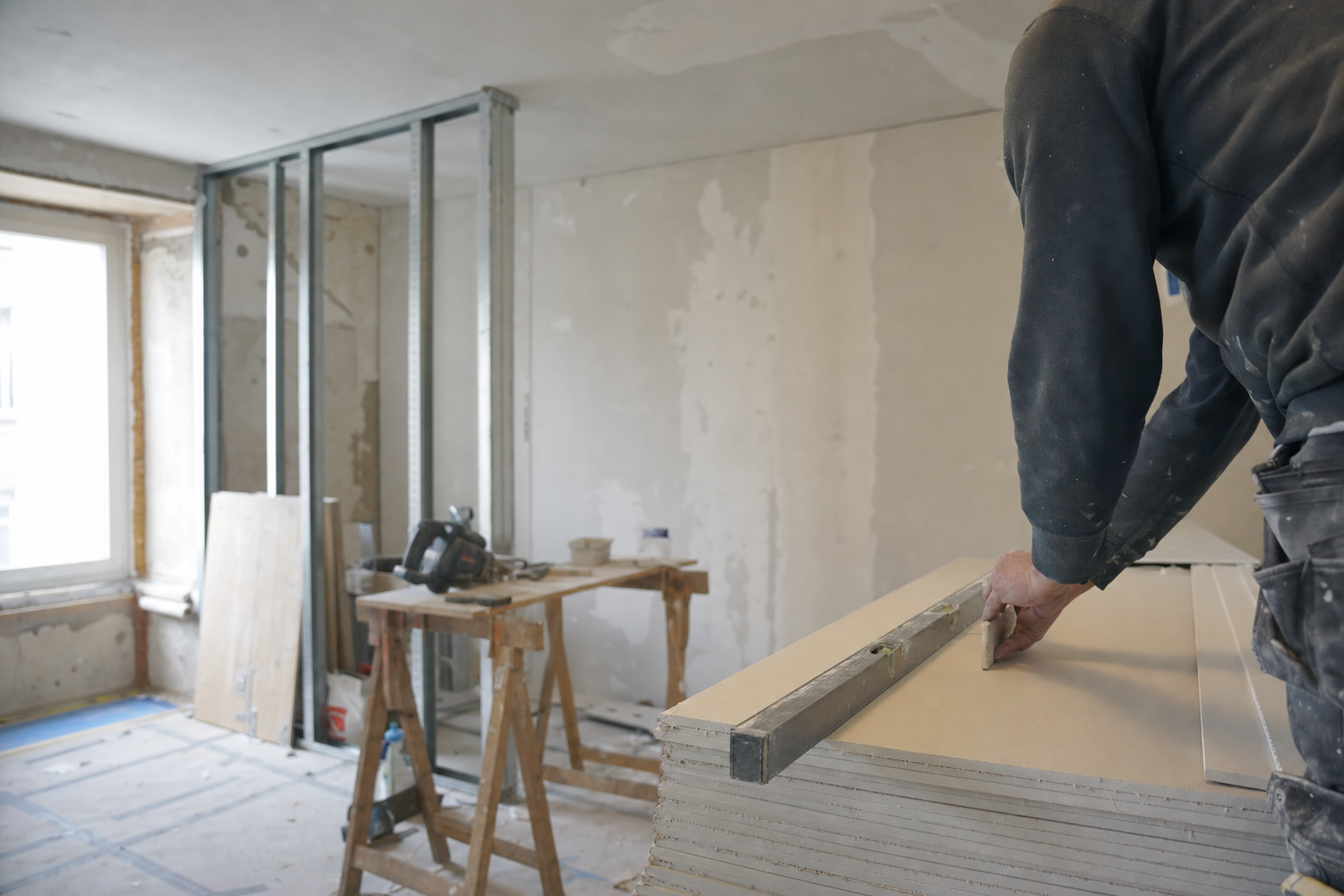 Pose de plaques de plâtre sur un chantier de rénovation d'appartement dans le canton de Neuchâtel.