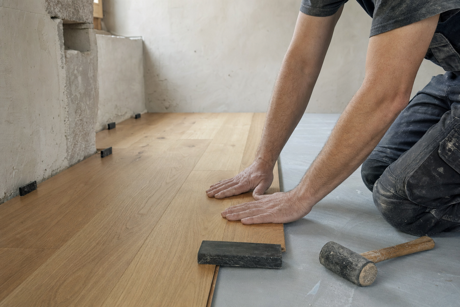 Poseur de sol installant un parquet contrecollé dans un appartement à Neuchâtel.