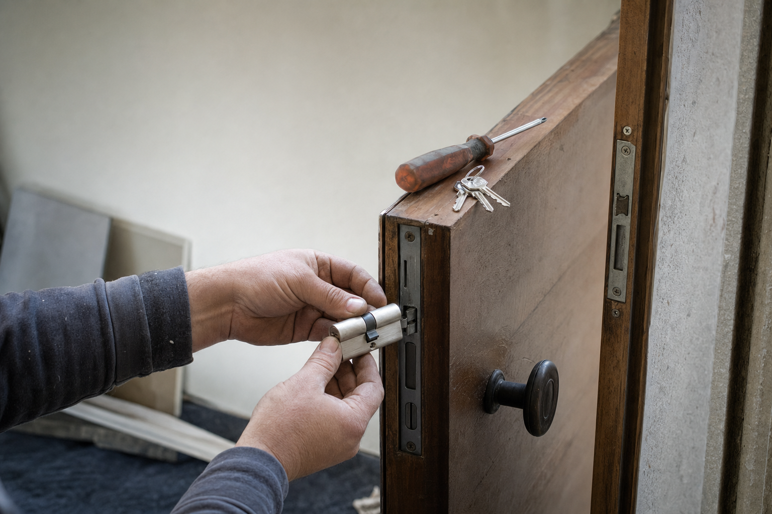 Serrurier posant un cylindre de sécurité sur une porte d'appartement à Neuchâtel.