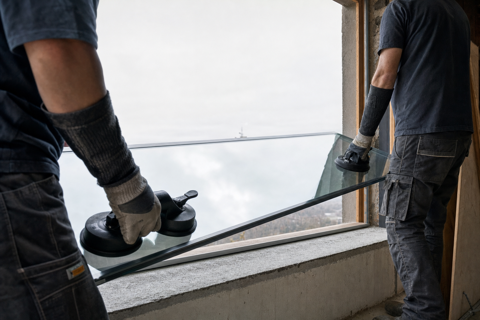 Vitriers manipulant un vitrage à l'aide de ventouses sur un chantier neuchâtelois.