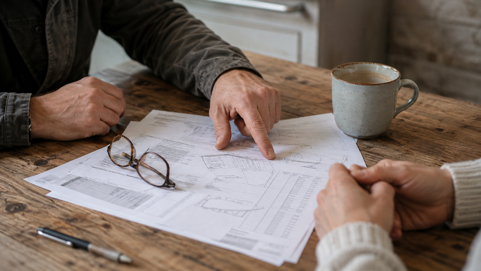 Propriétaire et artisan examinant un devis de travaux dans le canton de Neuchâtel.