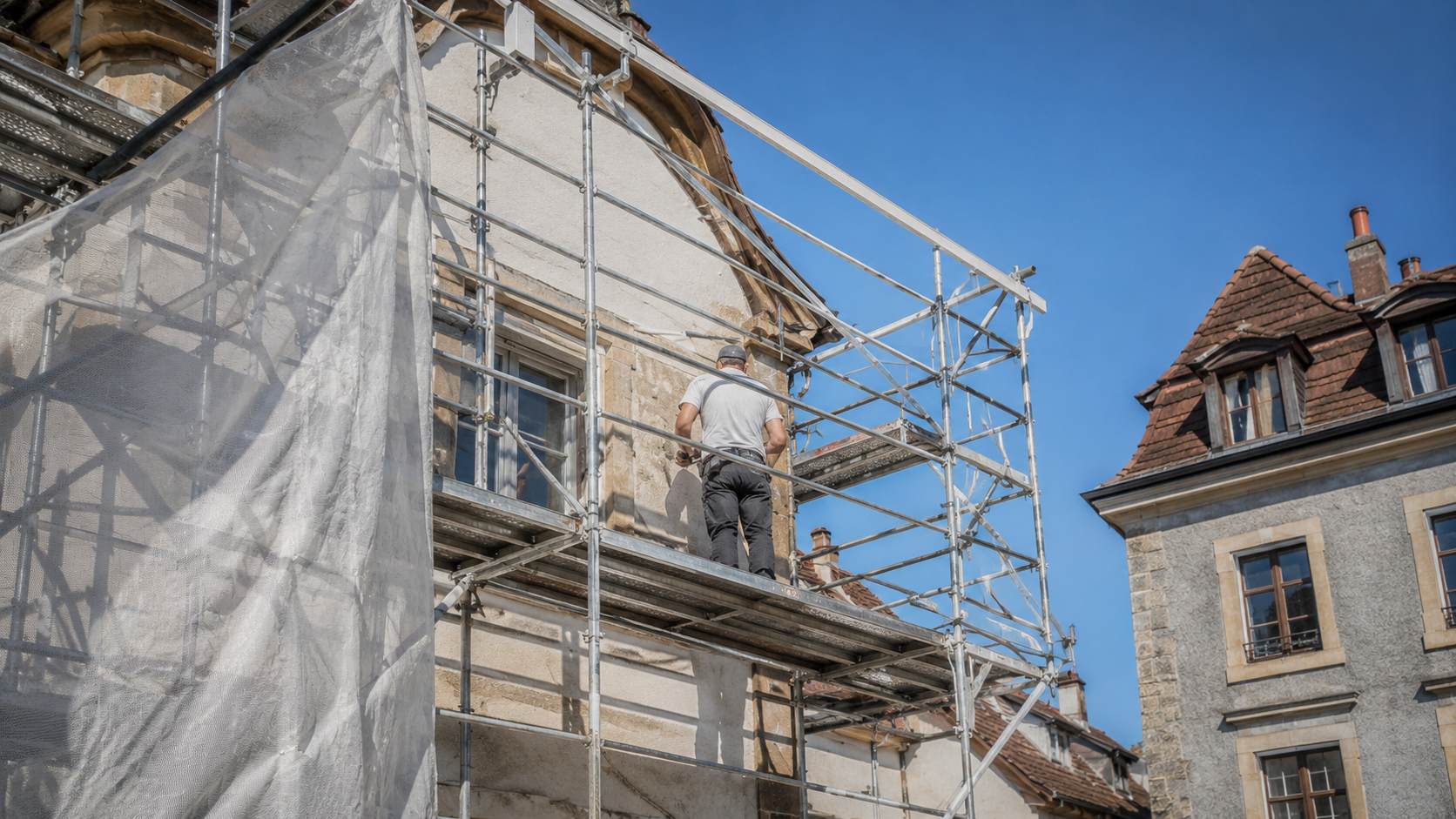Chantier de façade avec échafaudage sur un bâtiment du canton de Neuchâtel en été.