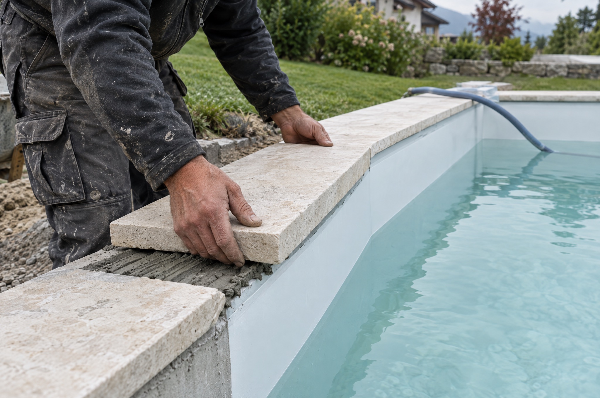 Pisciniste posant une margelle en pierre au bord d'une piscine en cours de remplissage.