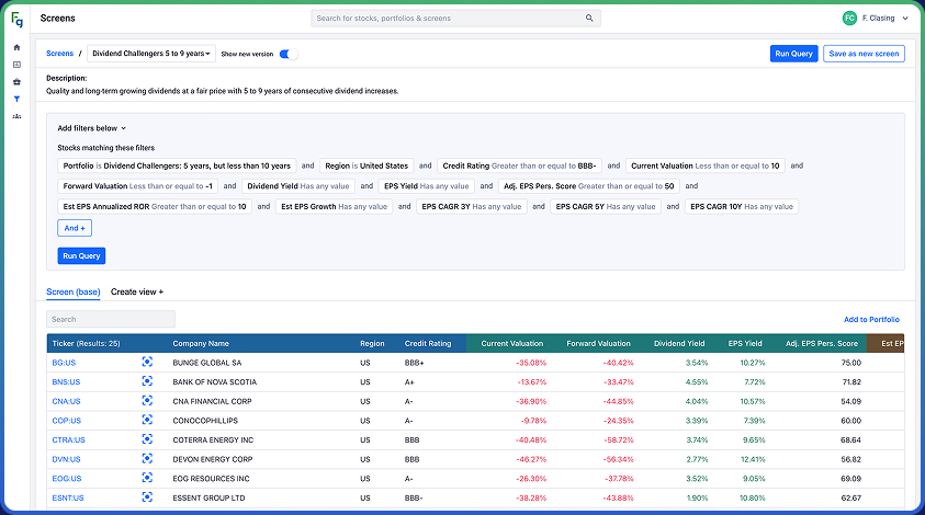 Stock screening tool interface showing filters for Dividend Challengers with 5 to 9 years of consecutive dividend increases, including region, credit rating, valuation, and EPS growth criteria, with a results table listing companies and their financial metrics.