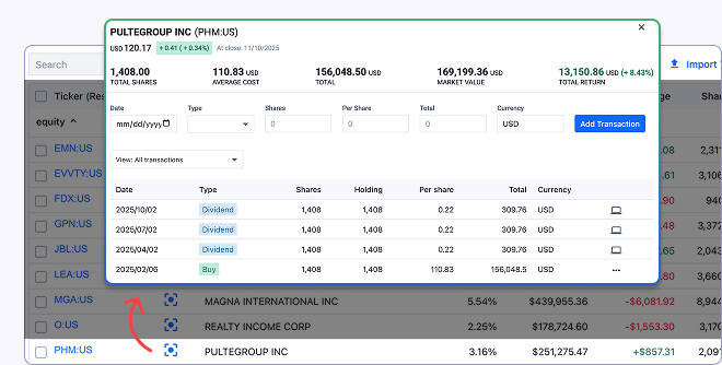 Stock portfolio interface showing PulteGroup Inc. with total shares, average cost, market value, total return, and a transaction history including dividends and a buy.