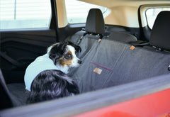 Dog safely in the backseat of a car in a back seat pet bench cover
