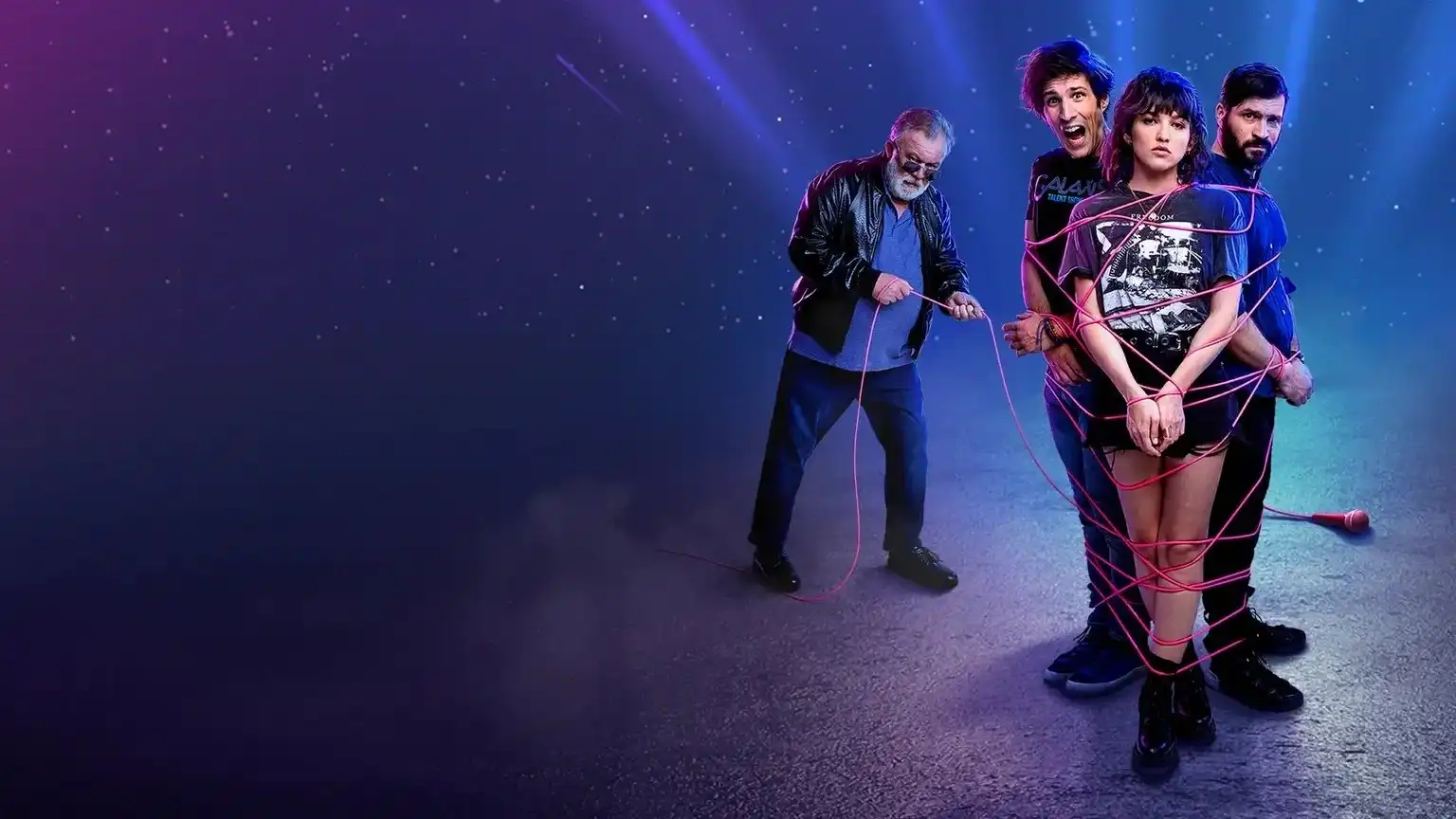 Group of four characters on a dramatic, neon-lit background, with one character tangled in bright pink cable as the others react.