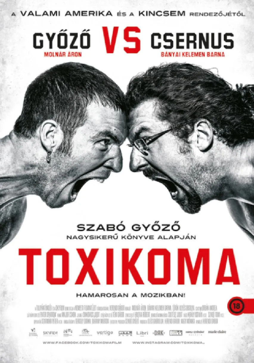 Movie poster for Toxikoma, with a bald actor and a long haired man with glasses pushing their brows against eachother shouting.