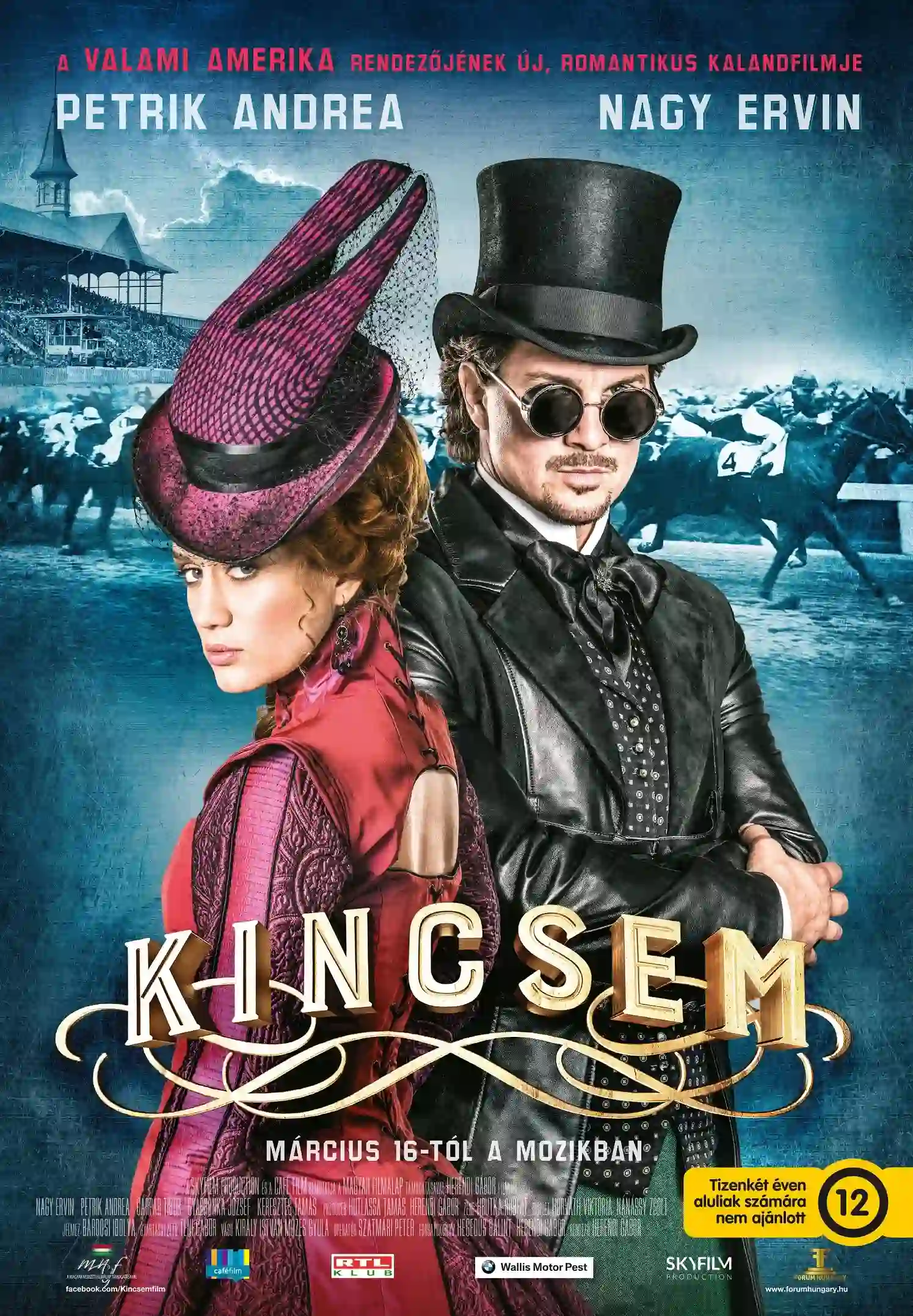 Kincsem movie poster, a man and a woman in periodically accurate outfits, standing next to each other.