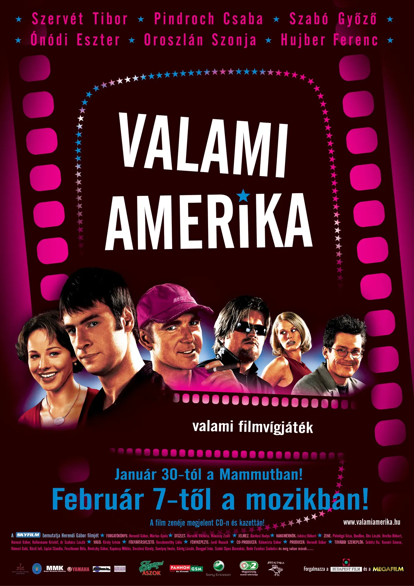 A colorful movie poster for Valami Amerika, featuring the main cast in front of a stylized filmstrip design with bold pink and blue accents.
