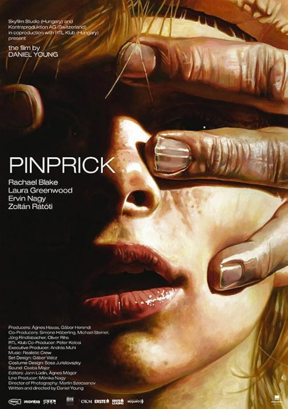 Intense movie poster showing a woman’s face partially obscured by gripping hands, conveying tension and fear.