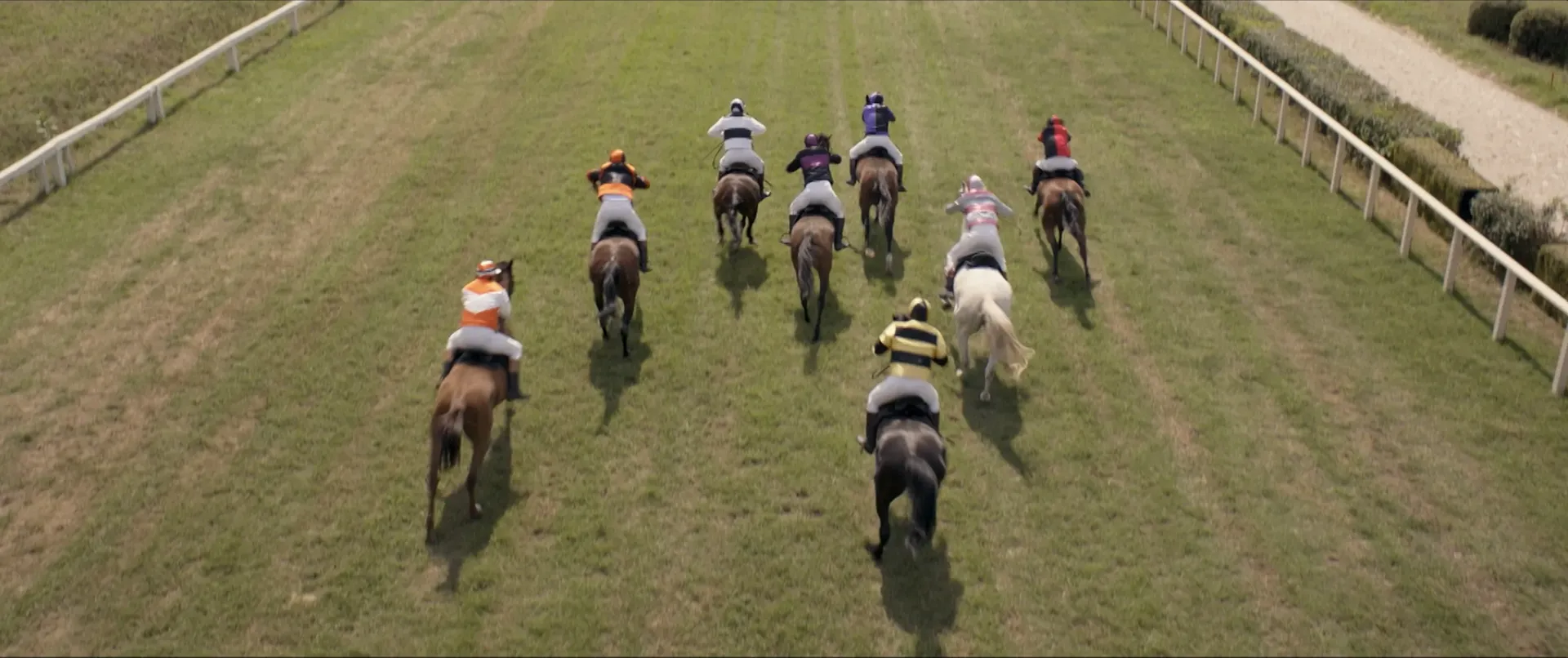 Eight jokeys gallopping towards a finish line in various colorful clothes towards the finish.