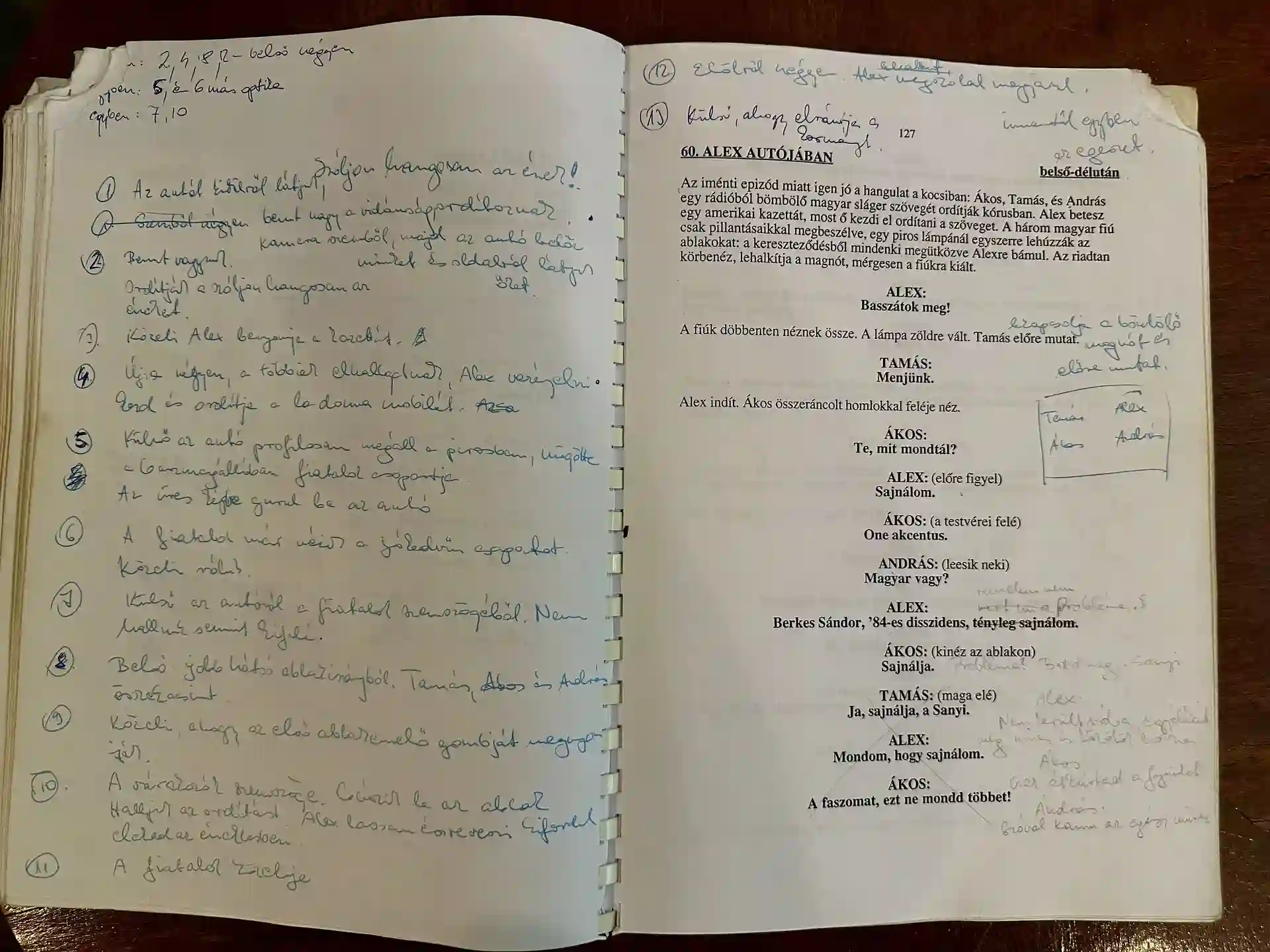 An open script filled with handwritten notes on the left page and printed scene details on the right, spread out on a table.