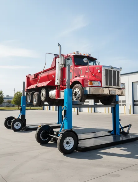 Red dump truck lifted by blue portable car hoist outdoors near industrial buildings.