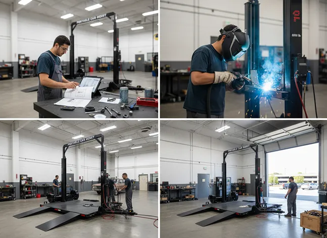 Automotive workshop showing a portable car hoist, a man reviewing plans, and welding work.