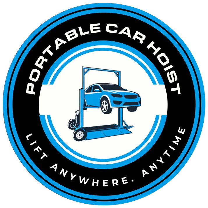 Logo with a blue car lifted by a portable car hoist and text saying Lift Anywhere. Anytime.