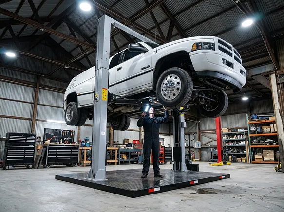Mechanic inspecting underside of a white pickup truck lifted on a car hoist in a garage.