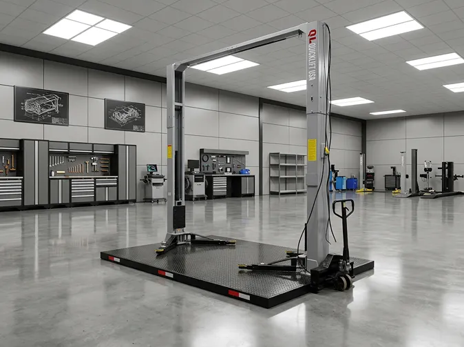 Portable two-post car hoist on a metal platform in a clean, spacious mechanic workshop.