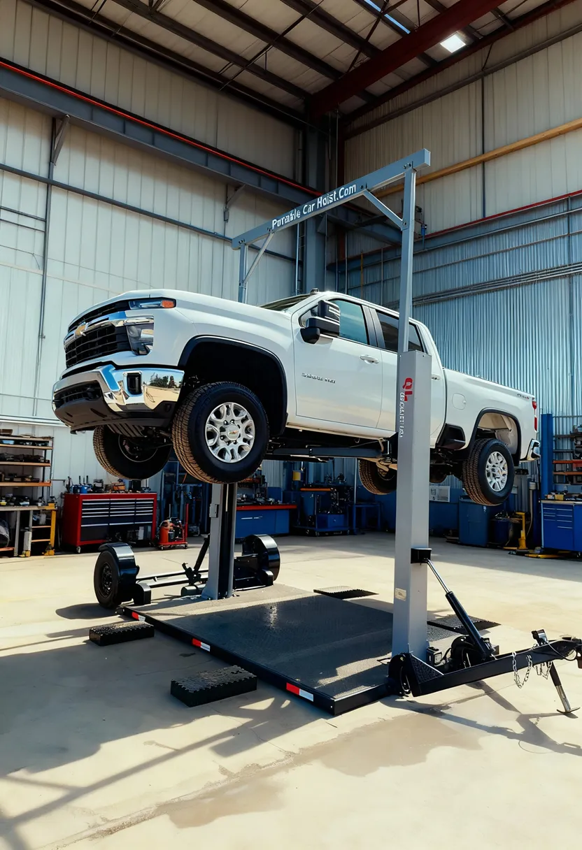 White pickup truck elevated on a portable car hoist inside a spacious workshop.
