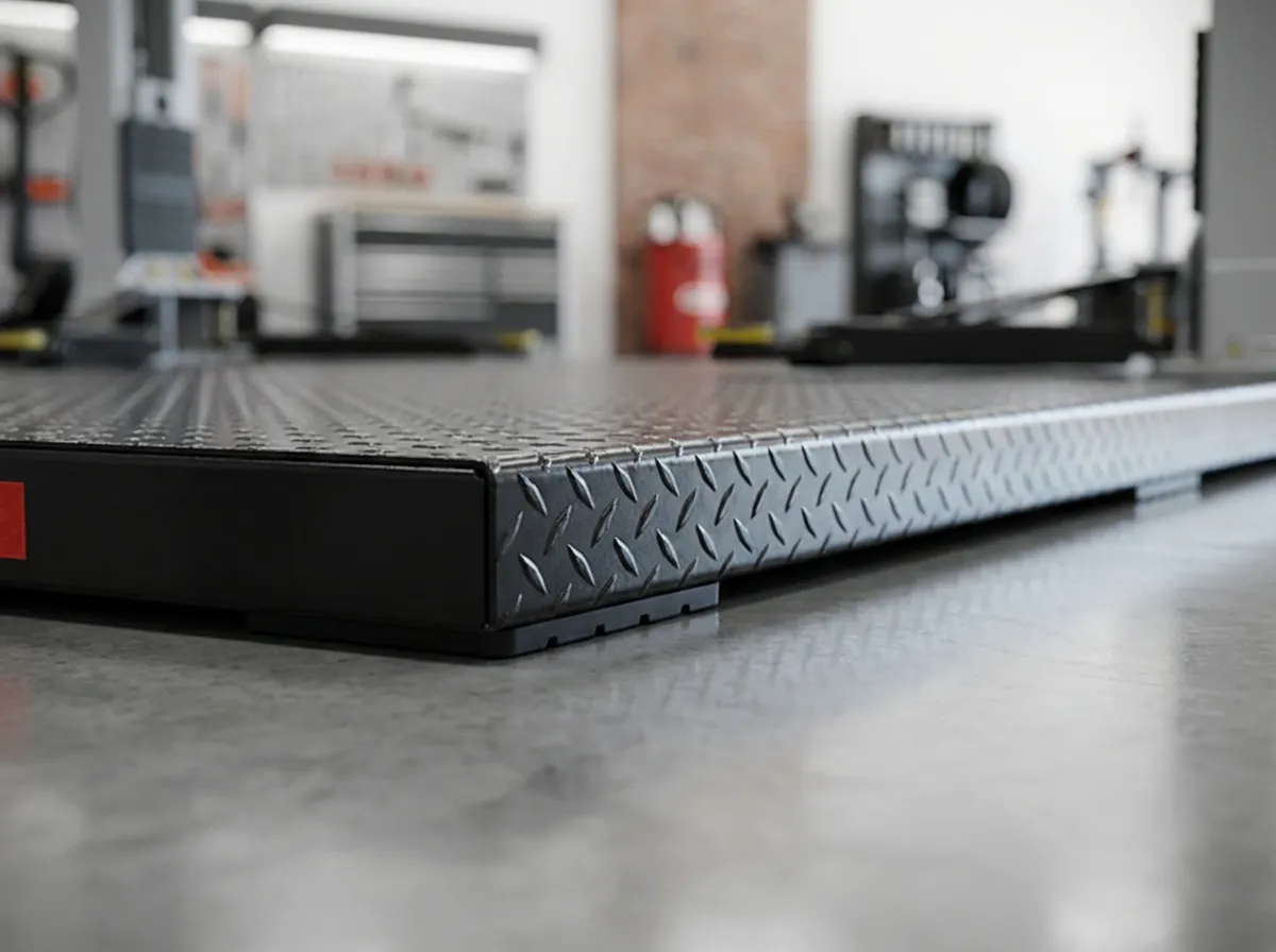 Close-up of a black textured metal platform on a polished concrete floor in a workshop.