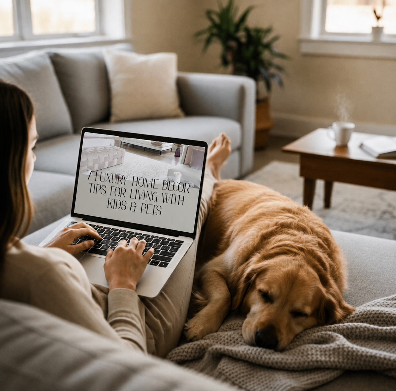 Person sitting on a couch with a golden retriever resting beside them, typing on a laptop displaying the text '7 Luxury Home Décor Tips for Living with Kids & Pets' in a cozy living room.
