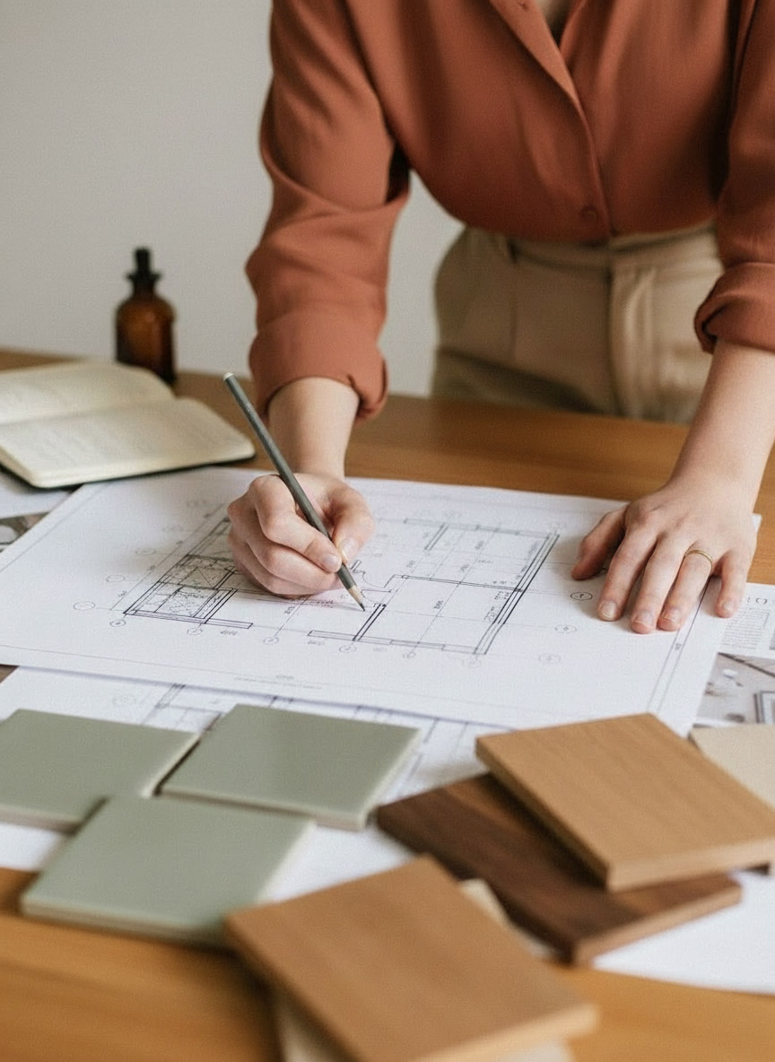 Close-up of Woman marking up construction drawing on wooden table.