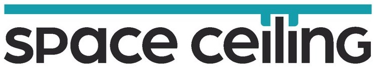 Logo with a horizontal blue bar above and the words 'space ceiling' in bold lowercase black letters.