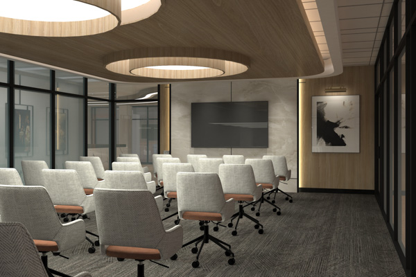 Modern conference room with rows of upholstered task chairs, wood ceiling panels, glass walls, and integrated lighting.