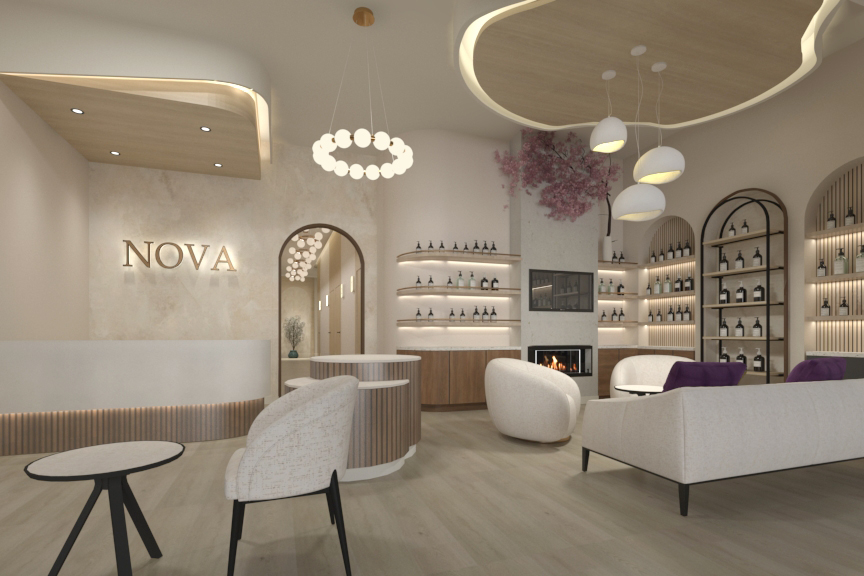 Modern wellness clinic reception with curved desk, illuminated shelving, and lounge seating.
