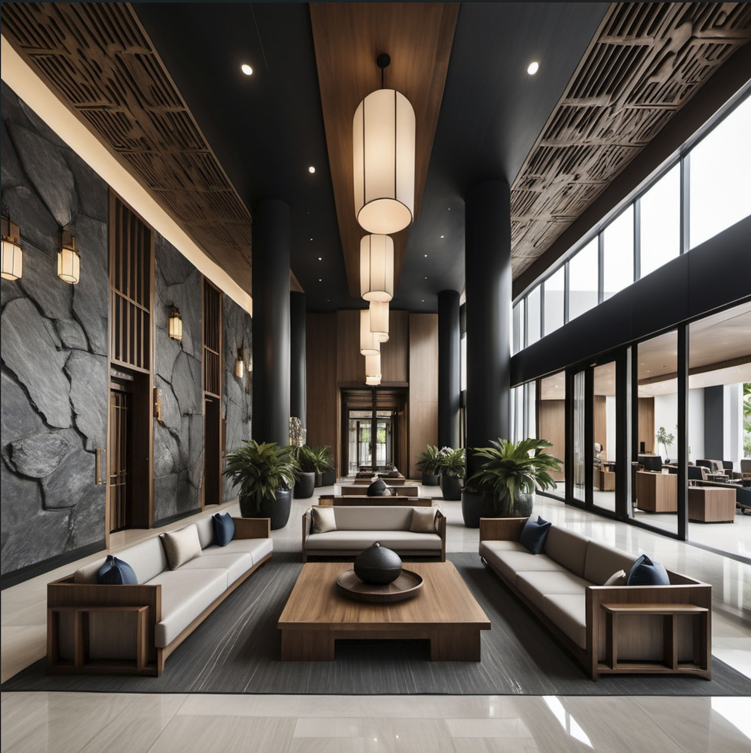 Contemporary lobby with tall black columns, stone walls, pendant lights, indoor plants, and modern seating around a wood coffee table.