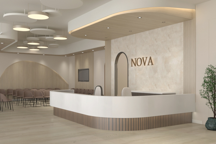 Modern medical clinic reception with curved desk, NOVA logo wall, seating area, and pendant ceiling lights.