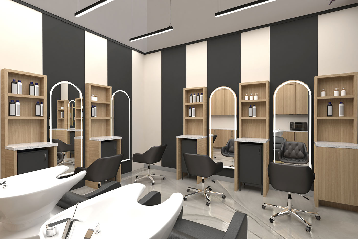 Chic hair styling stations with arched mirrors, warm wood shelving, sleek chairs, and bold black-and-ivory walls.
