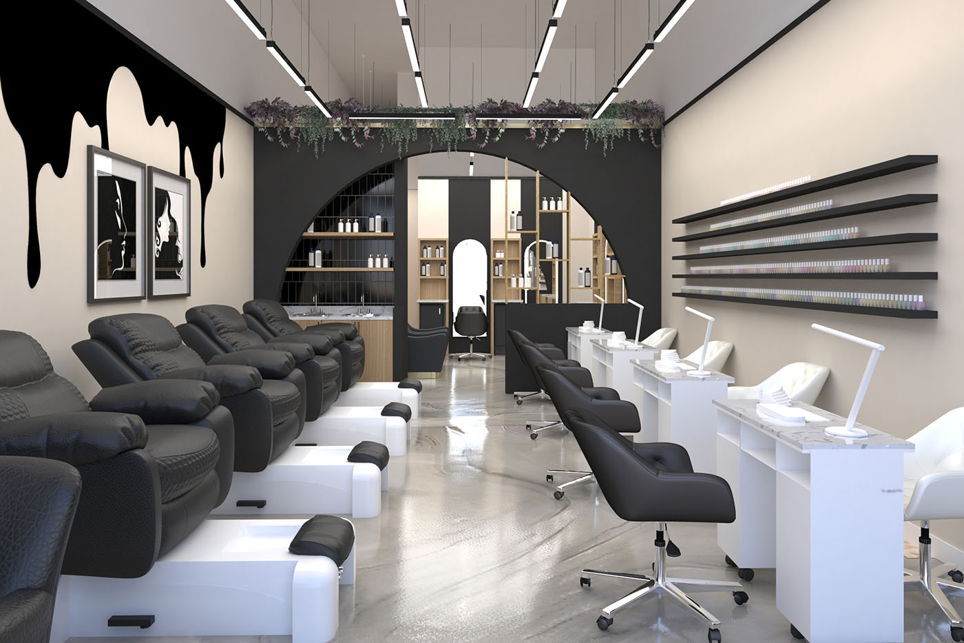 Modern manicure and pedicure lounge with sleek stations, plush seating, and bold graphic accents.
