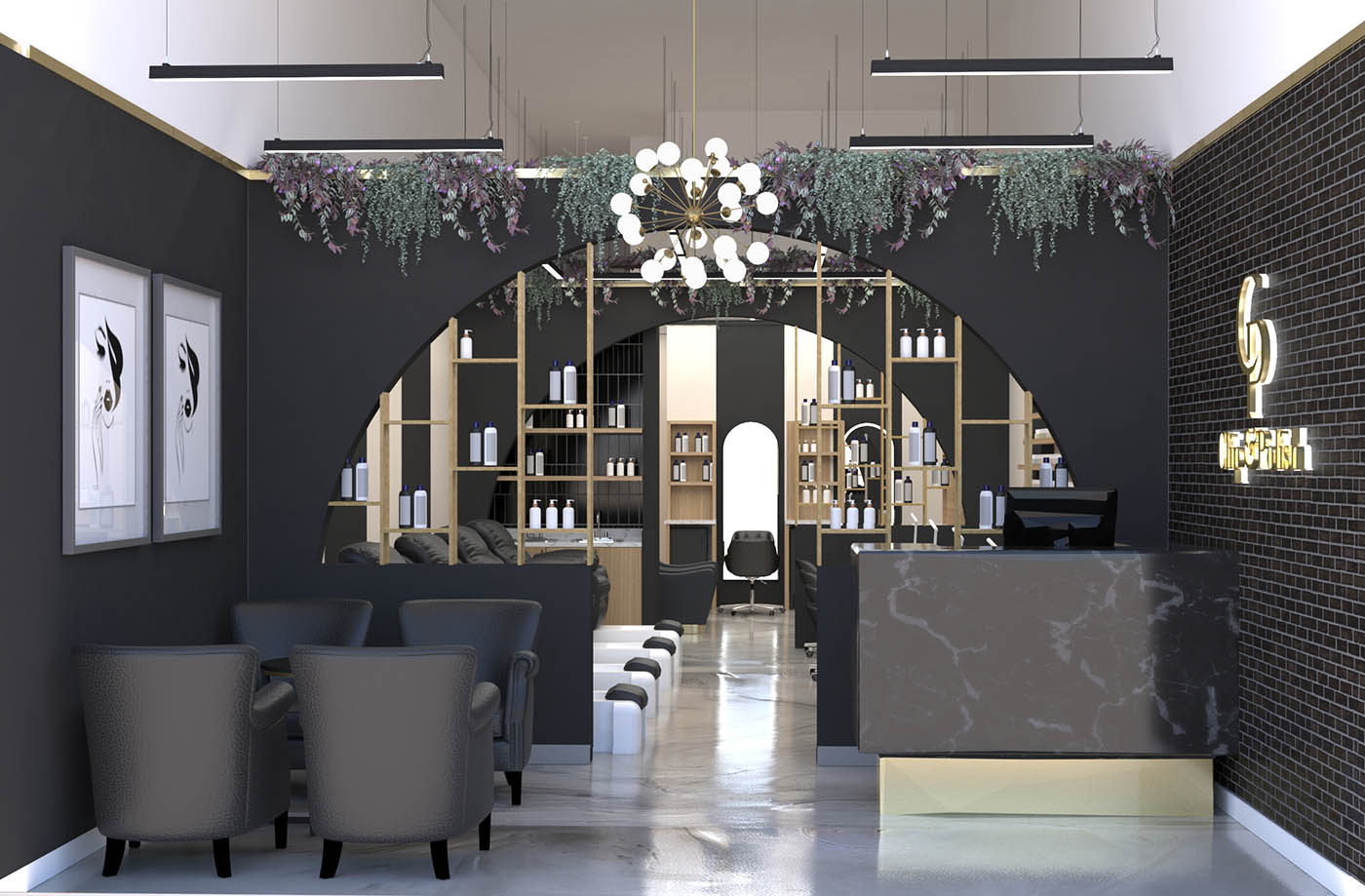 Elegant spa reception with dramatic arched shelving, hanging greenery, sculptural lighting, and a sleek stone front desk.