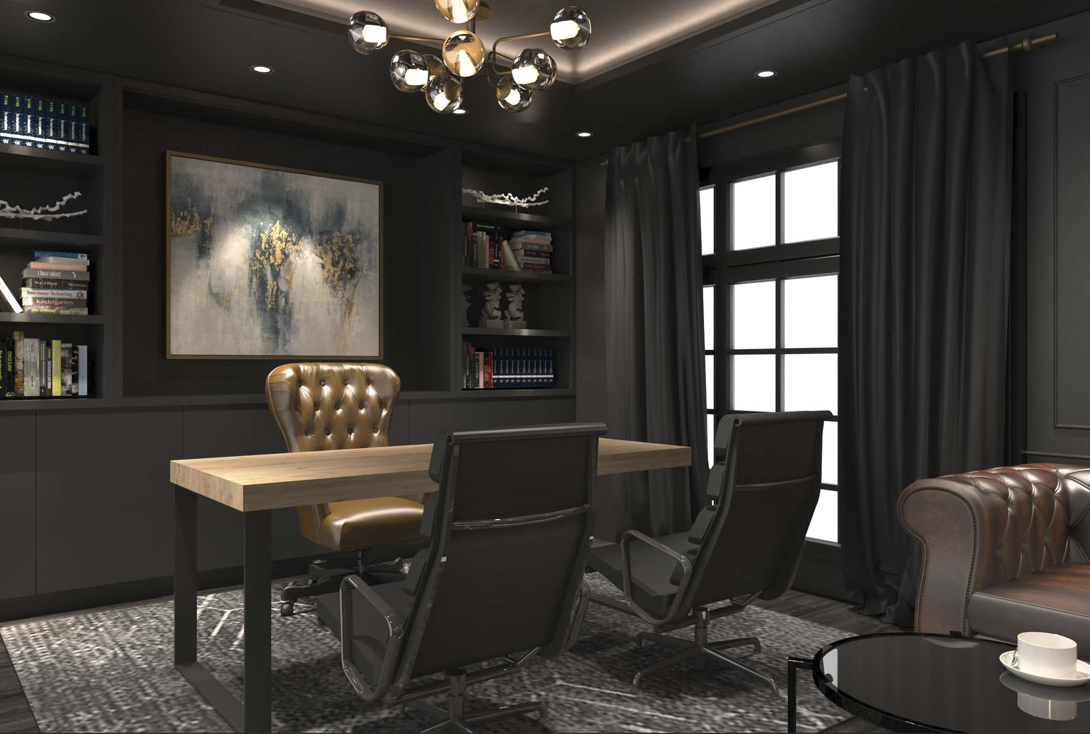 Moody executive office with dark paneled walls, a warm wood desk, tufted leather chair, modern chandelier, built-in bookcases, and floor-to-ceiling drapery, balancing classic luxury with contemporary design.