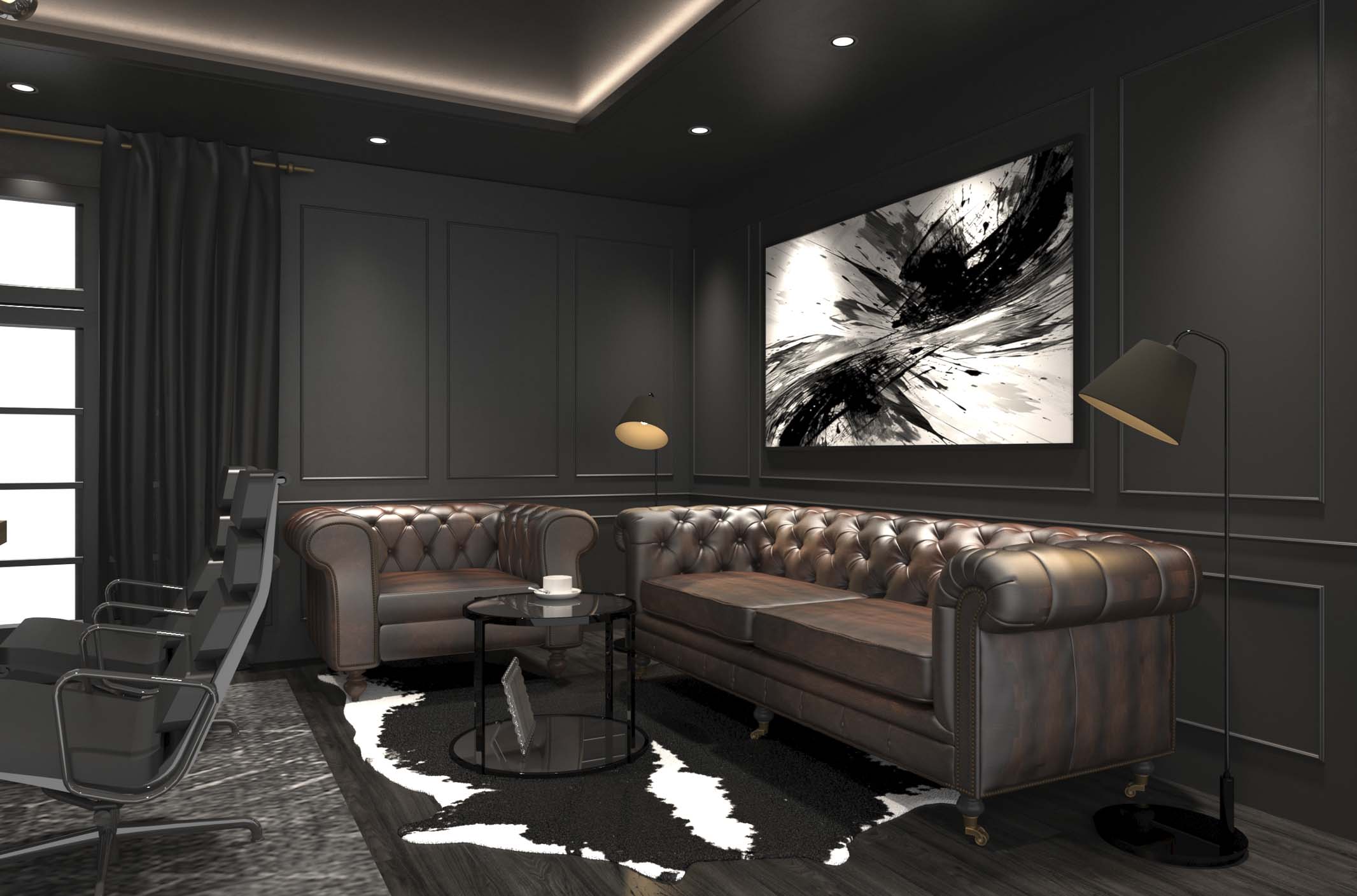 Dark office lounge with leather chesterfield sofa, abstract wall art, black paneled walls, floor lamp, and glass coffee table.