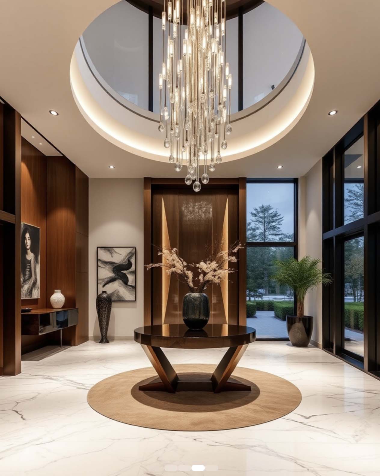 Elegant residential lobby with circular skylight, cascading glass chandelier, round wood table, floral arrangement, and marble floors.