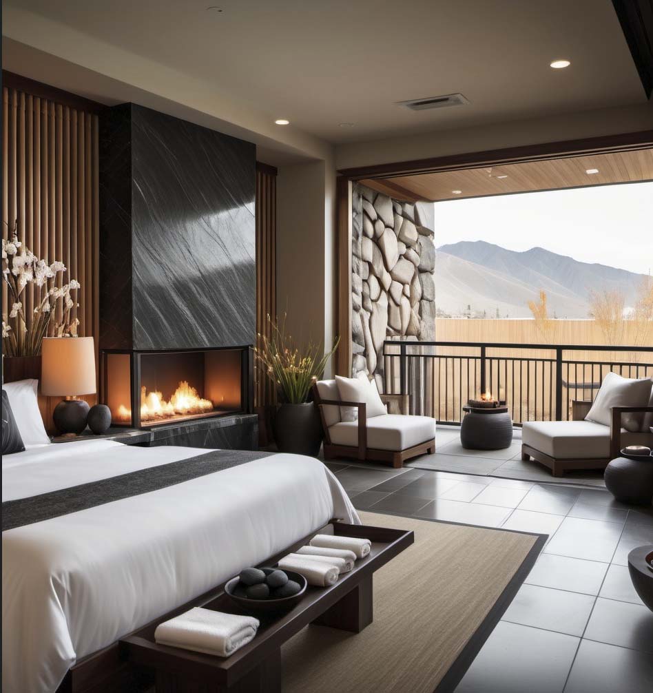 Luxury hotel room with fireplace, stone balcony, mountain view, spa-style seating, and soft neutral bedding.