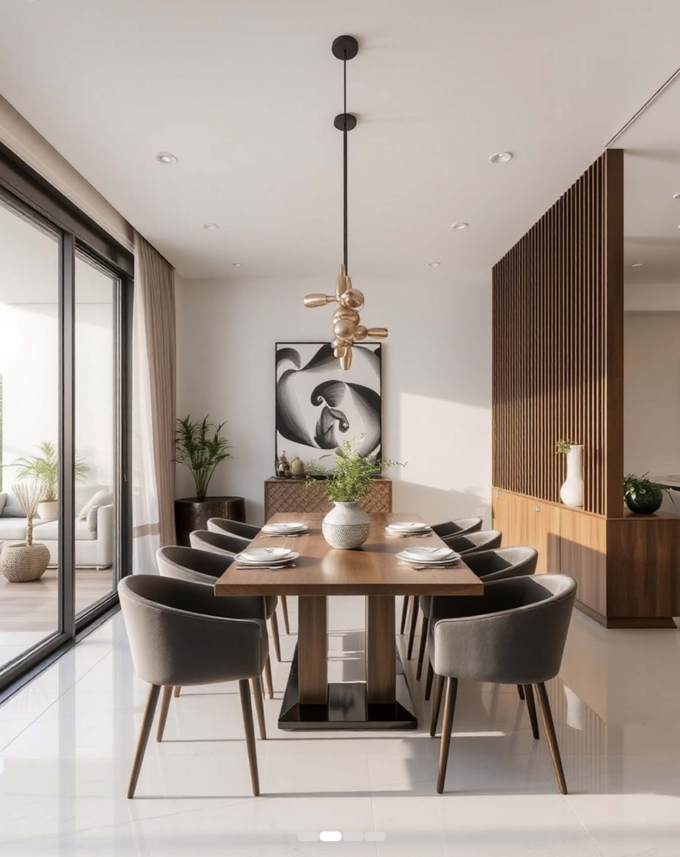 Modern dining area with wood table, upholstered chairs, sculptural pendant light, indoor plants, and sliding glass doors.