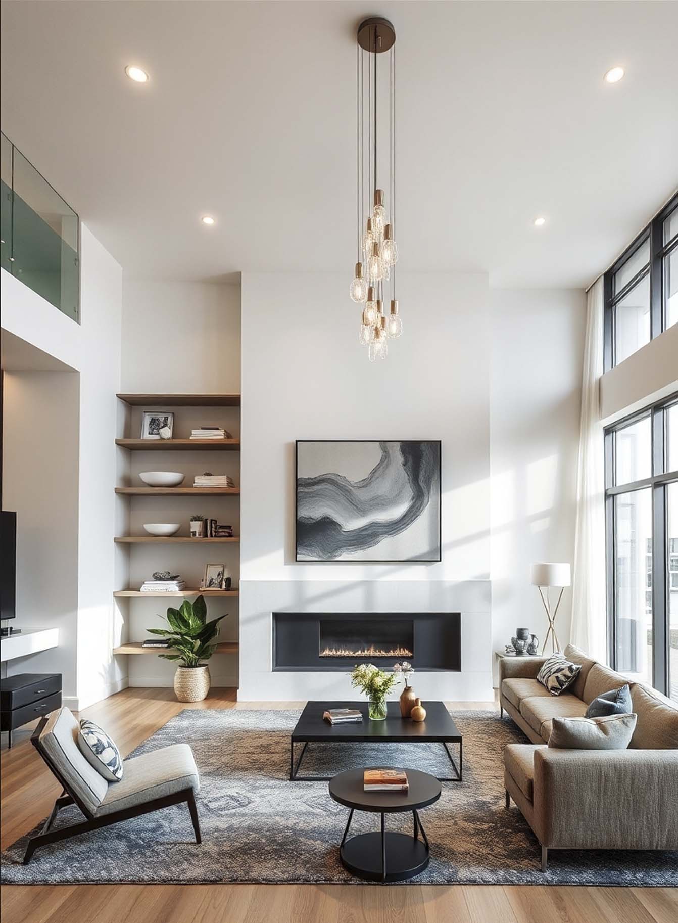 Double-height modern living room with abstract art, linear fireplace, neutral seating, black coffee tables, and tall windows.