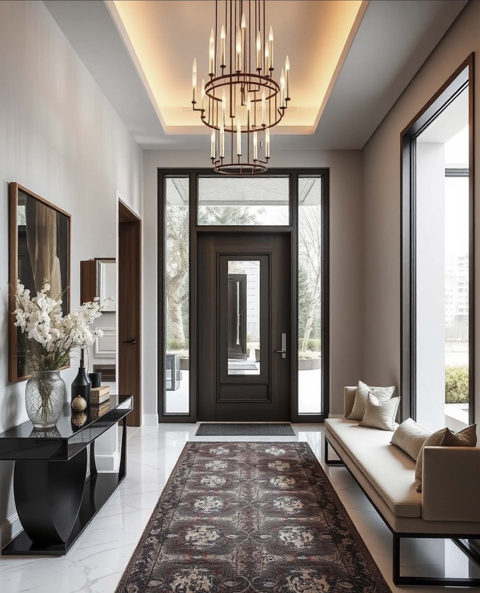 Elegant foyer with a chandelier, dark front door, console table with decor, long bench, and patterned runner on white floors.