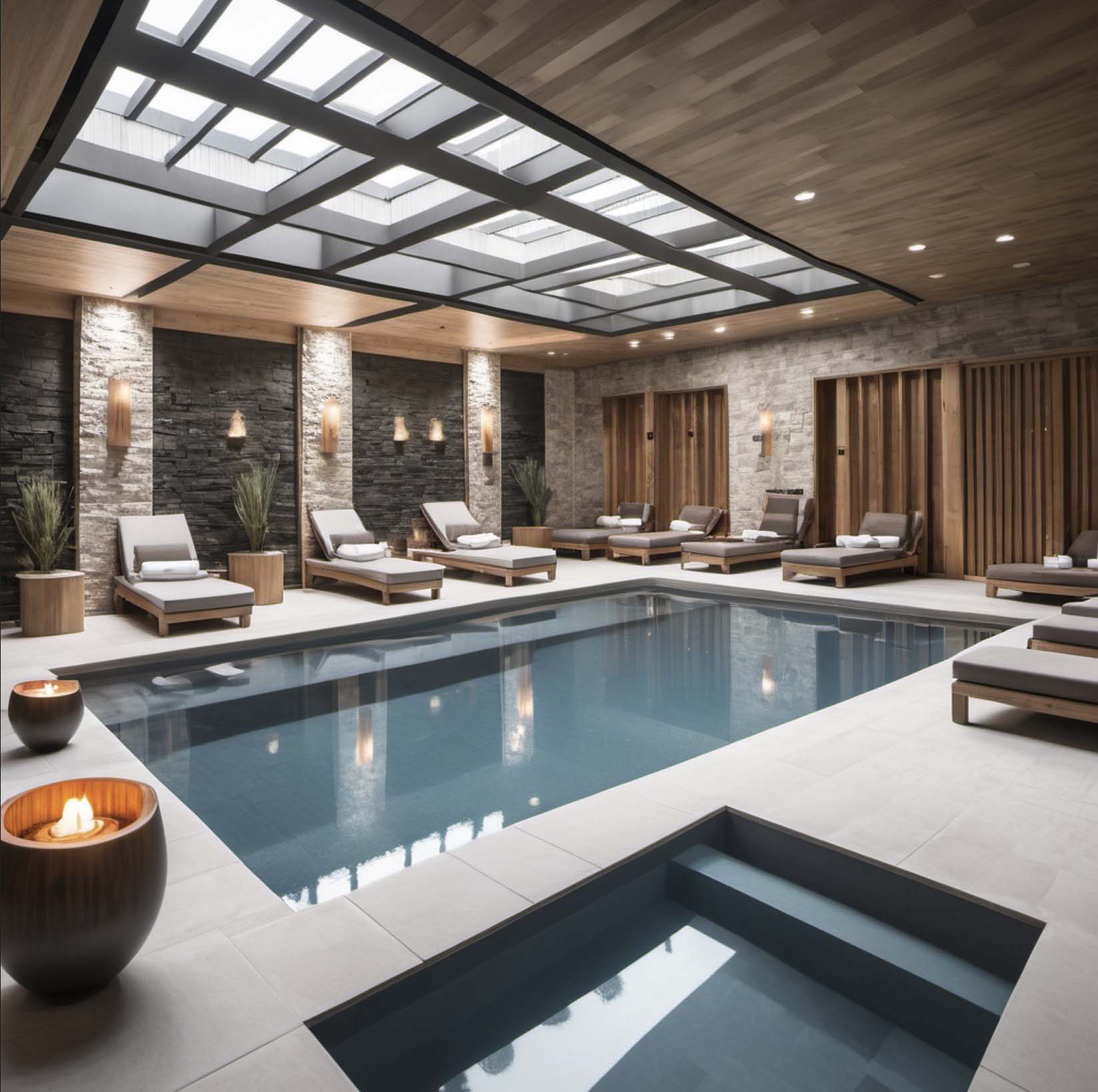 Luxury indoor spa with a pool, hot tub, lounge chairs, stone walls, wood accents, and a skylight creating a calm atmosphere.