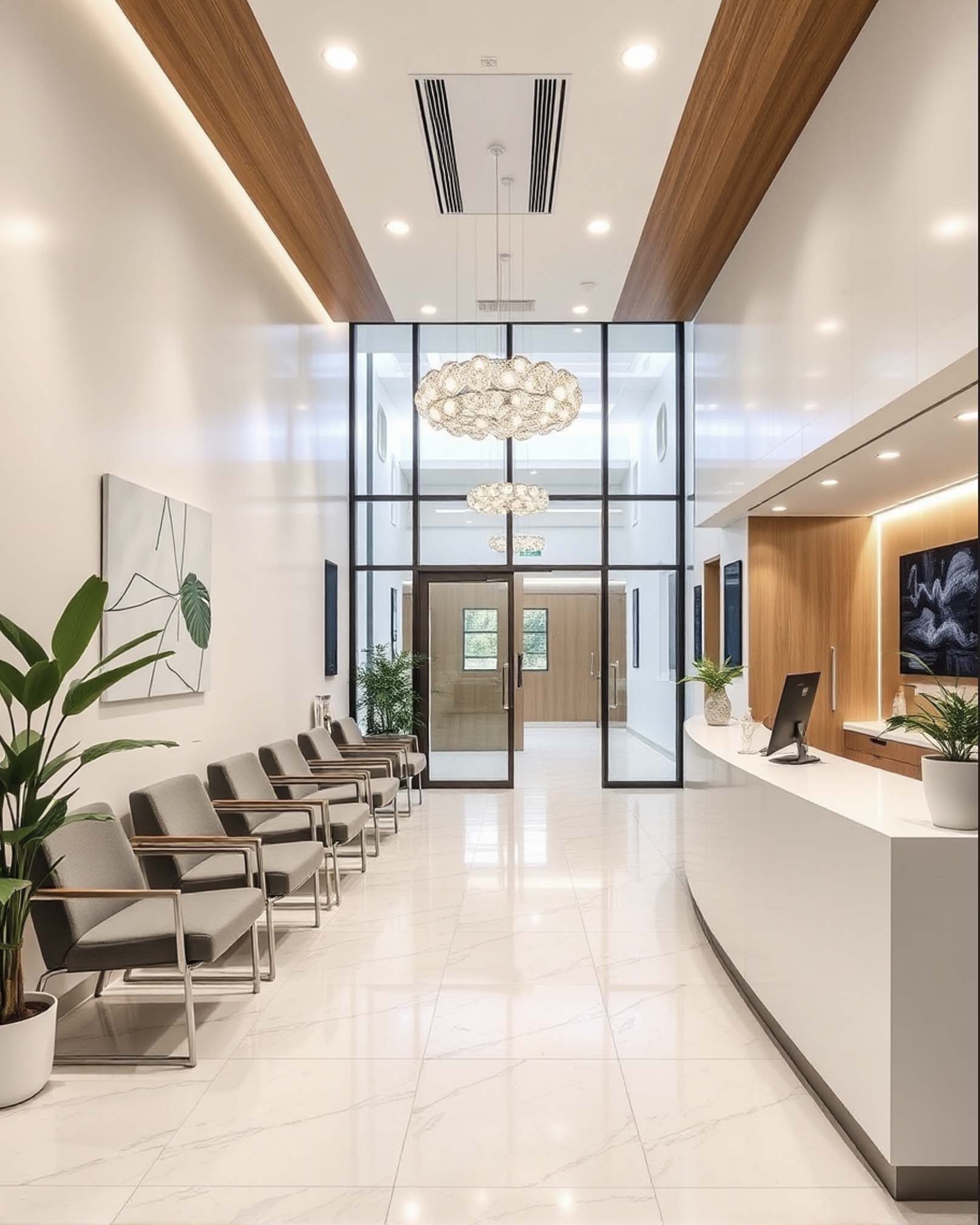 Modern clinic lobby with curved reception desk, row seating, bright tile floors, glass doors, and hanging chandeliers.