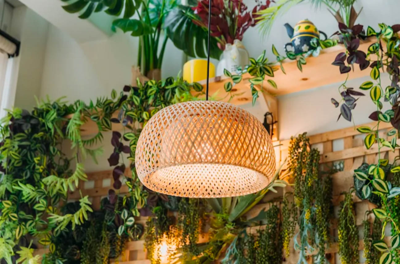 A woven rattan pendant glows softly amid cascading greenery for a cozy, nature-inspired atmosphere.